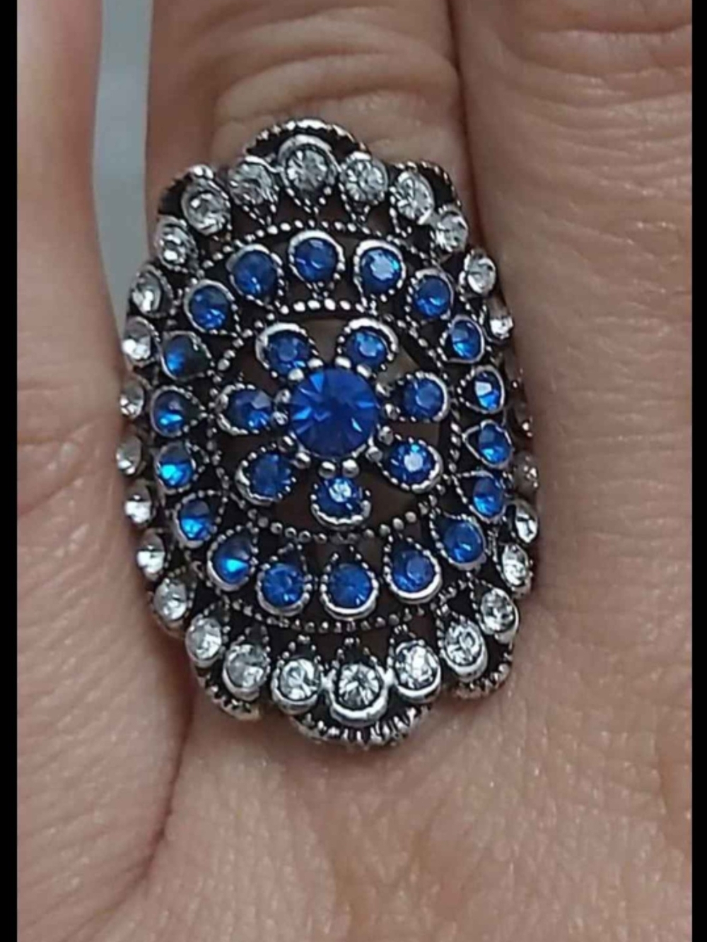 Blue Crystal Round Filigree Statement Ring